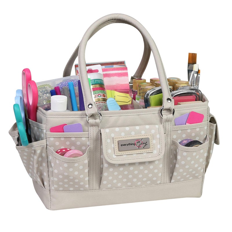 Everything Mary Deluxe Store & Tote Organizer â€“ Tan Dot Craft Tote with Handle â€“ Art Supply Caddy for Sewing, Scrapbooking, DIY Projects & Creative Tool Storage - Image 1